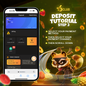 step 3 ENG 6 Club deposit tutorial, step 3, showcasing payment method selection on a smartphone with a playful raccoon mascot and vibrant background.